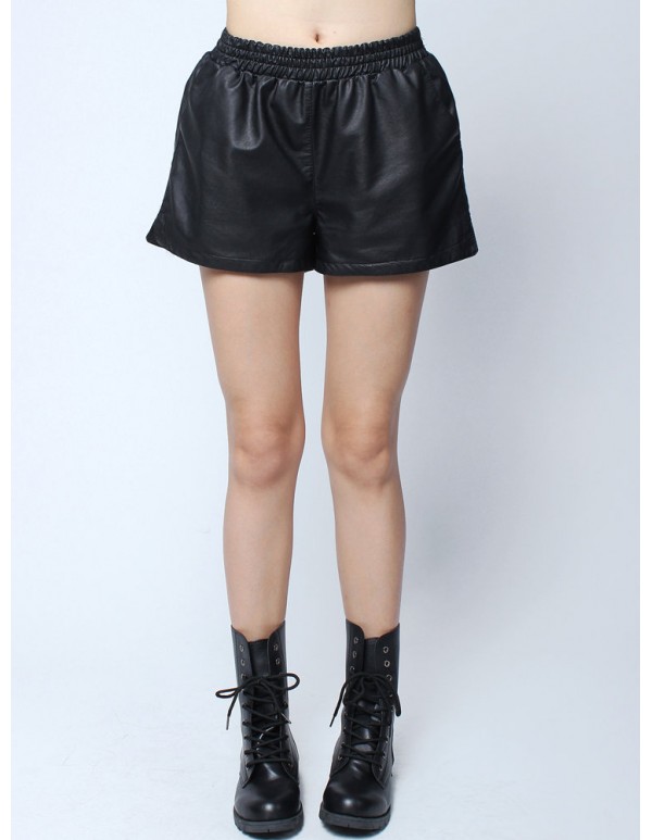 Fashion Casual High Waist Pockets PU Hem Slit Shorts