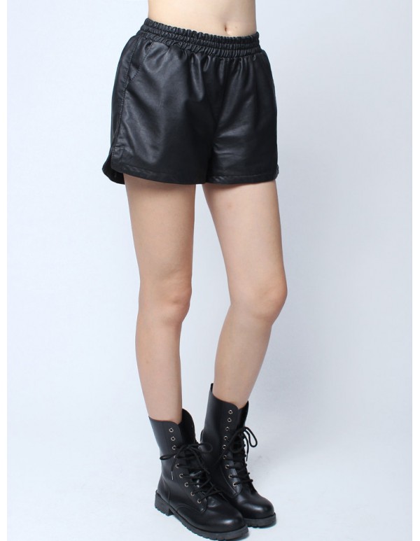 Fashion Casual High Waist Pockets PU Hem Slit Shorts