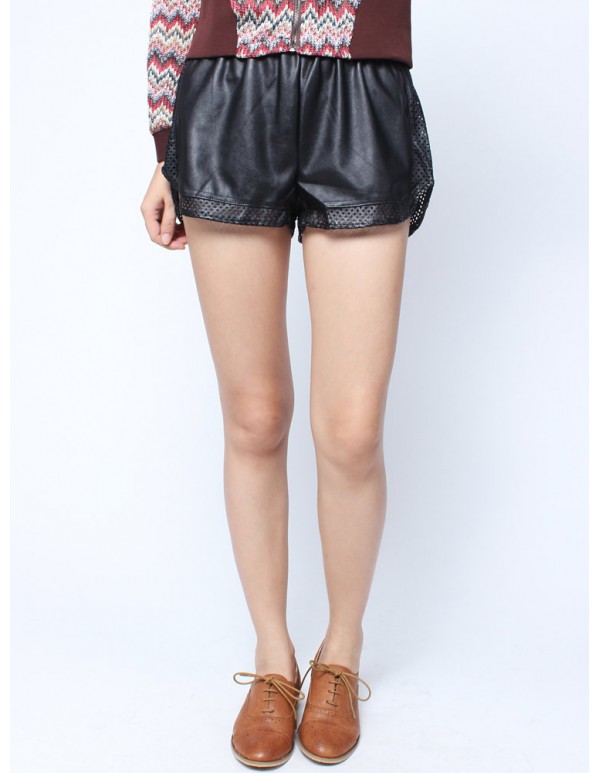 Women Hot Casual Hollow Out Elastic PU Shorts