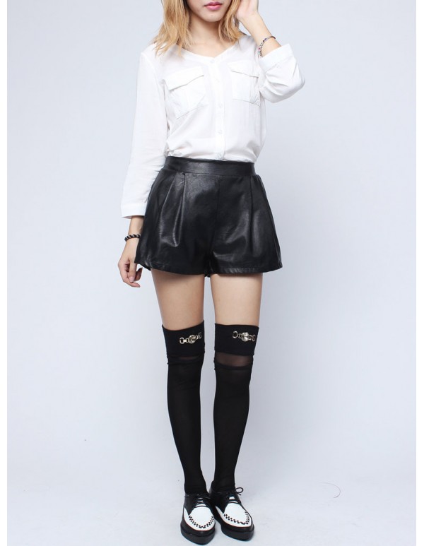 Women Fashion Black Elastic Waist Pocket Loose PU Leather Shorts
