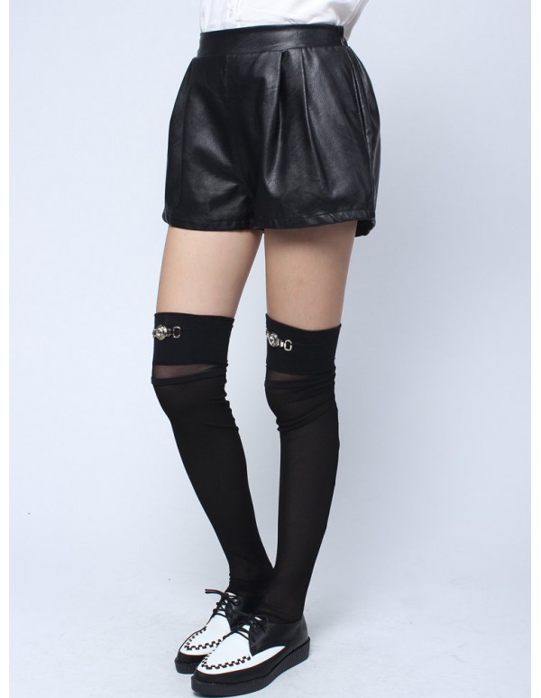 Women Fashion Black Elastic Waist Pocket Loose PU Leather Shorts