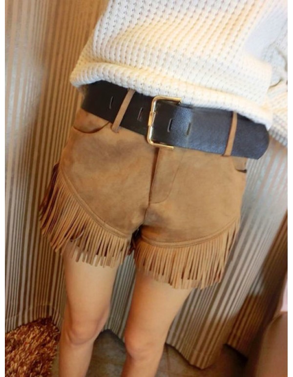 Women Suede Tassels Pants Turn-Up Straight Boot Cut Woolen Shorts