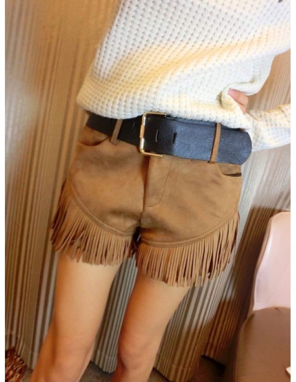 Women Suede Tassels Pants Turn-Up Straight Boot Cut Woolen Shorts