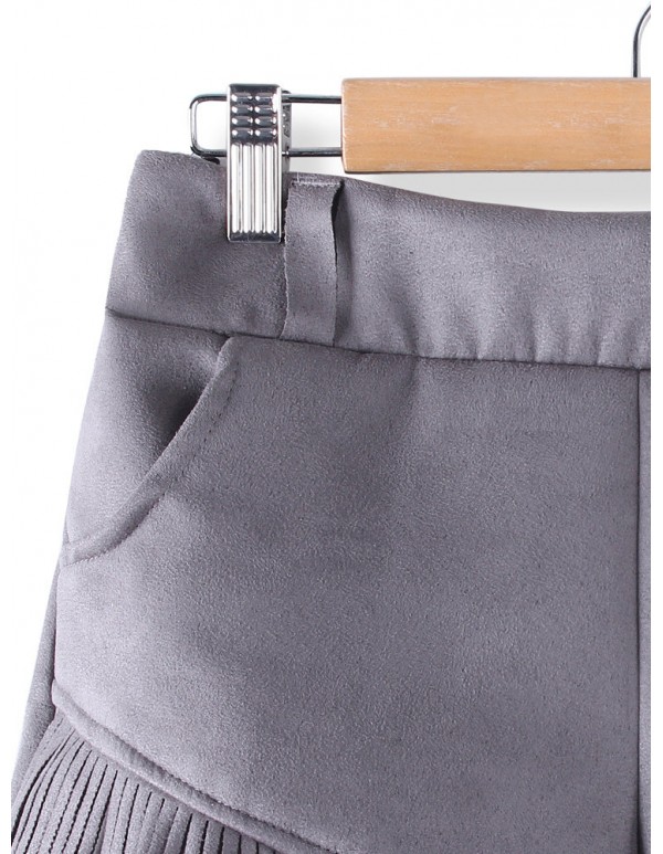 Women Suede Tassels Pants Turn-Up Straight Boot Cut Woolen Shorts
