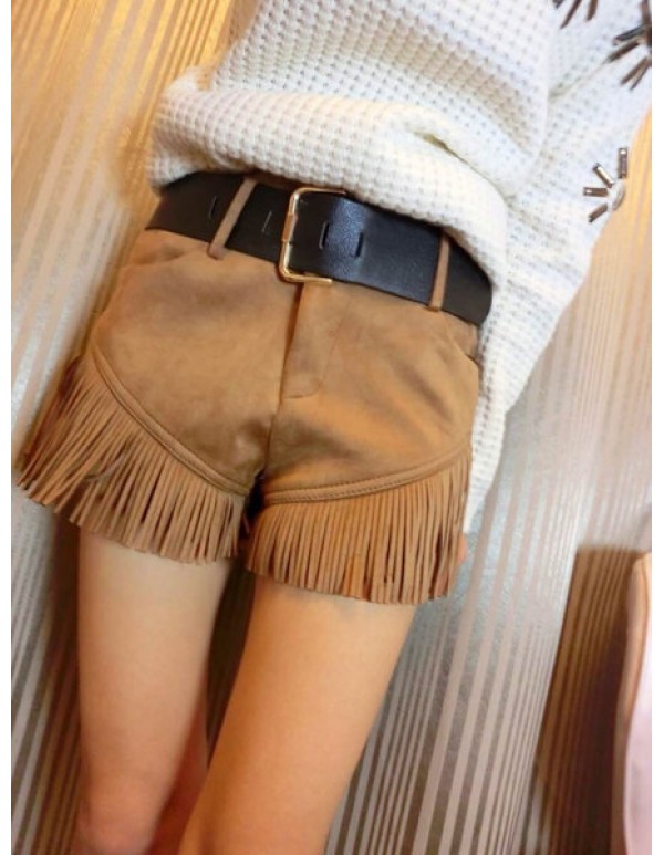 Women Suede Tassels Pants Turn-Up Straight Boot Cut Woolen Shorts