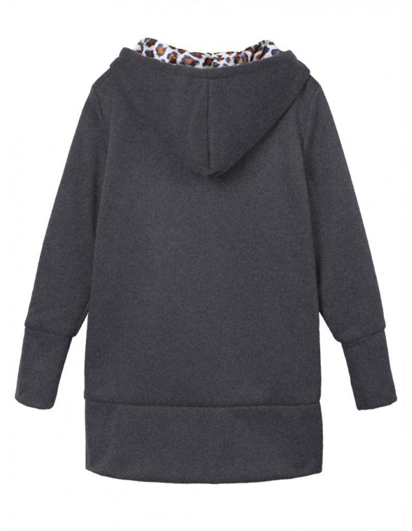 Plus Size Women Leopard Hoodie Slim Coat  Casual Outwear