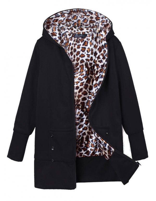 Plus Size Women Leopard Hoodie Slim Coat  Casual Outwear