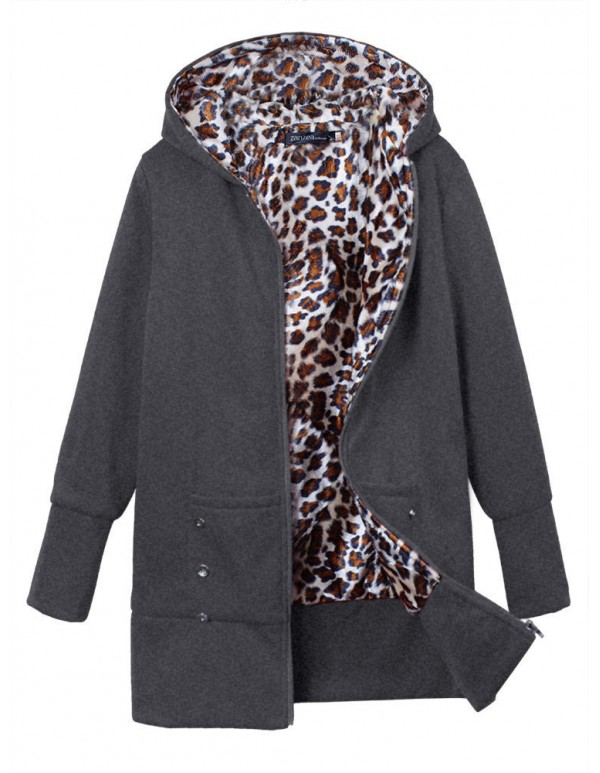 Plus Size Women Leopard Hoodie Slim Coat  Casual Outwear