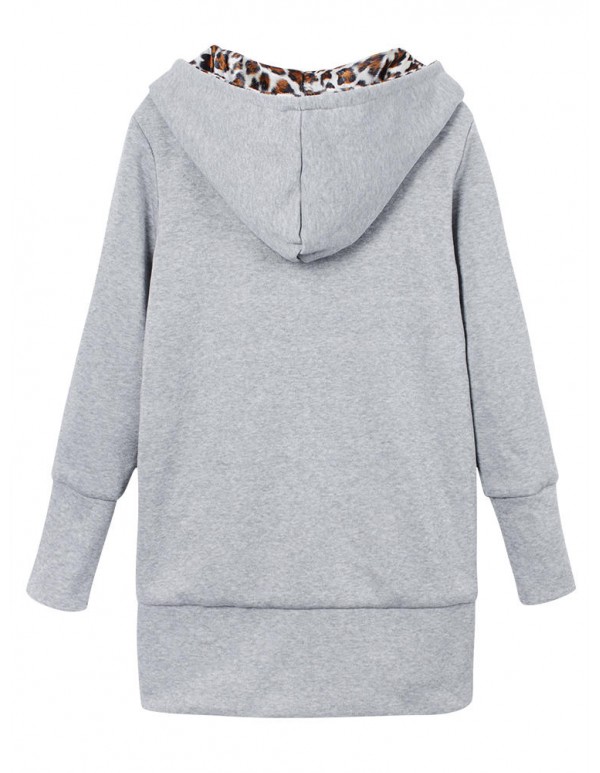 Plus Size Women Leopard Hoodie Slim Coat  Casual Outwear