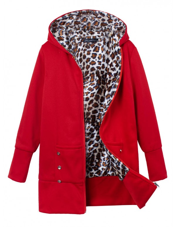 Plus Size Women Leopard Hoodie Slim Coat  Casual Outwear
