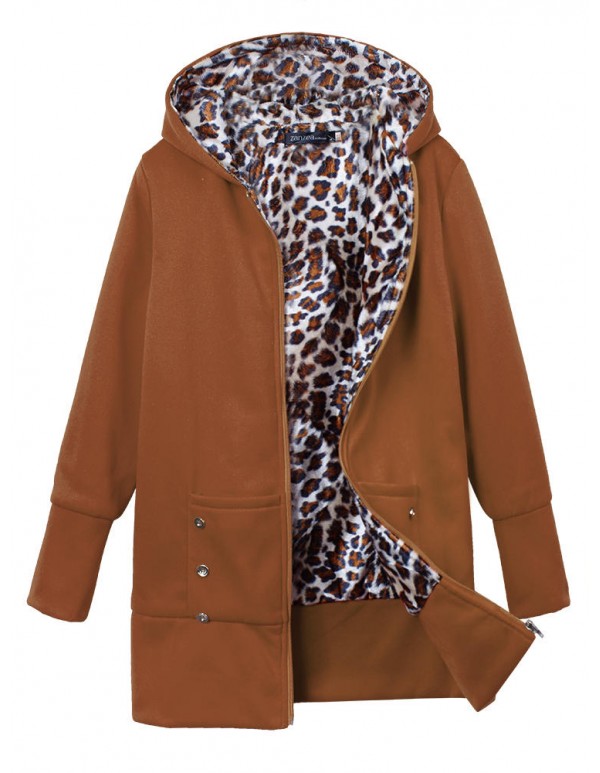Plus Size Women Leopard Hoodie Slim Coat  Casual Outwear