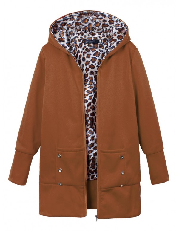 Plus Size Women Leopard Hoodie Slim Coat  Casual Outwear
