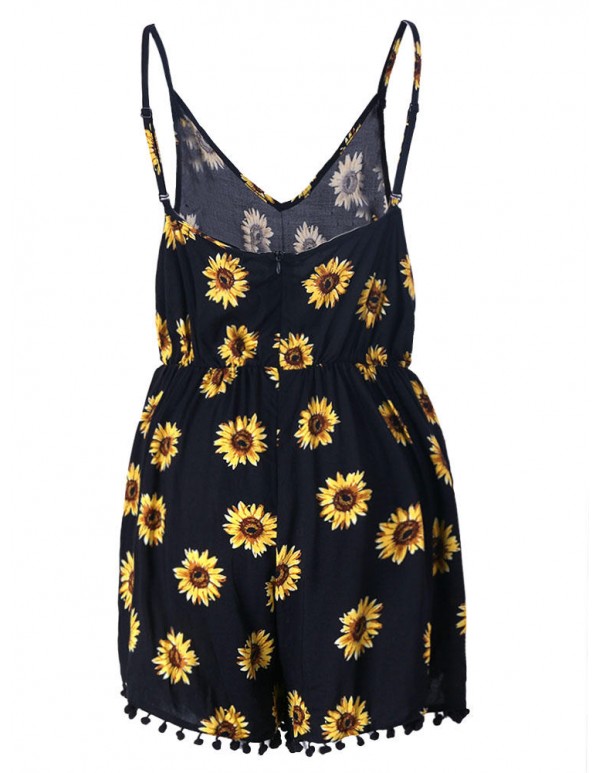 Sexy Vintage Strap Women Sunflower Printed Shorts Pants Rompers Jumpsuit