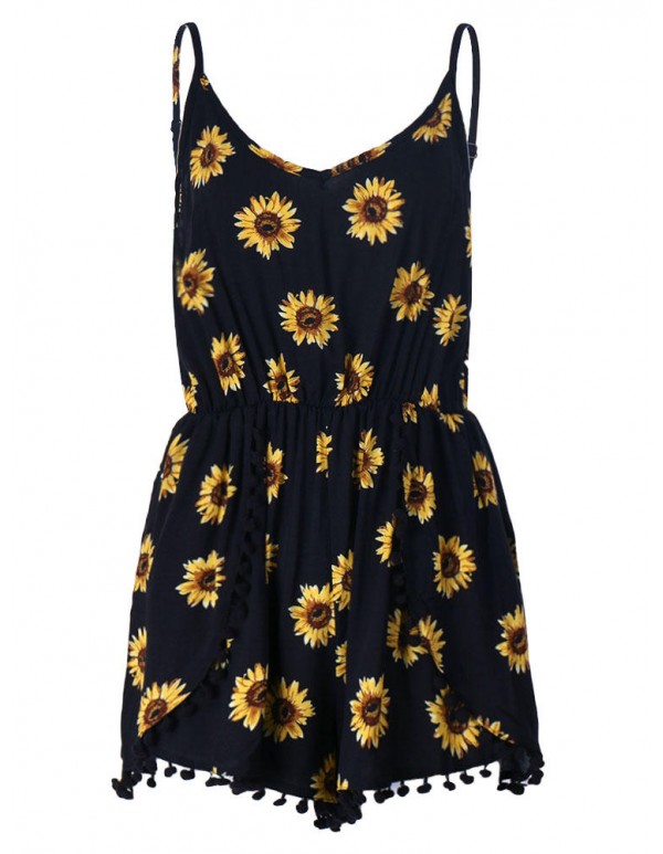 Sexy Vintage Strap Women Sunflower Printed Shorts Pants Rompers Jumpsuit