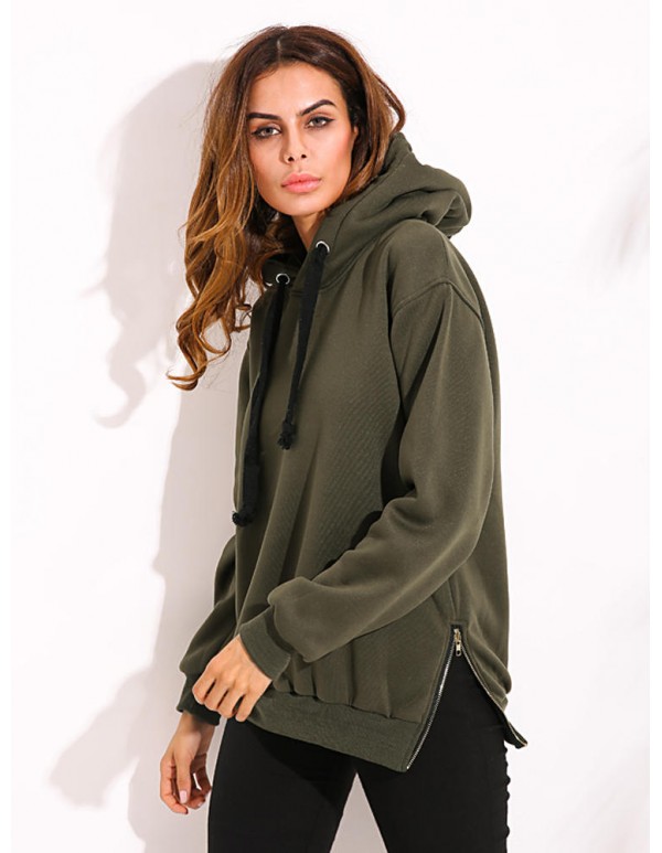 Casual Women Drawstring Long Sleeve Zipper Hem Hoodies