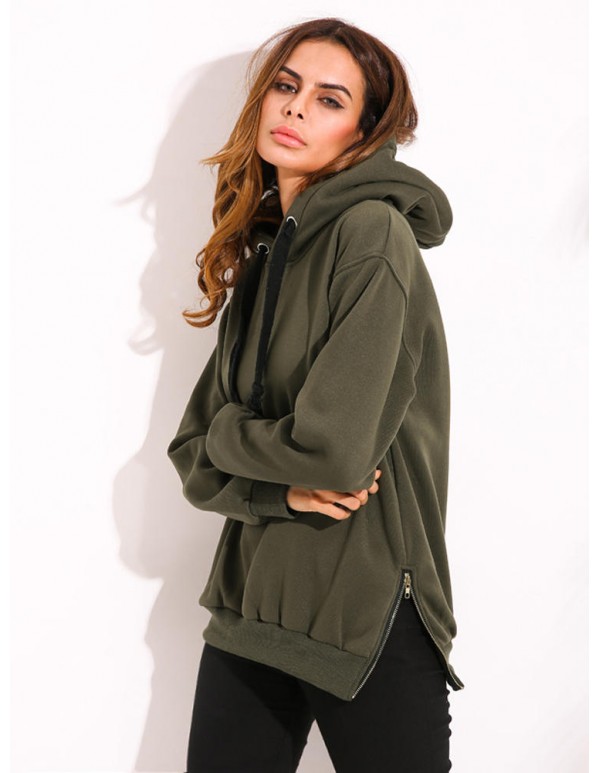 Casual Women Drawstring Long Sleeve Zipper Hem Hoodies