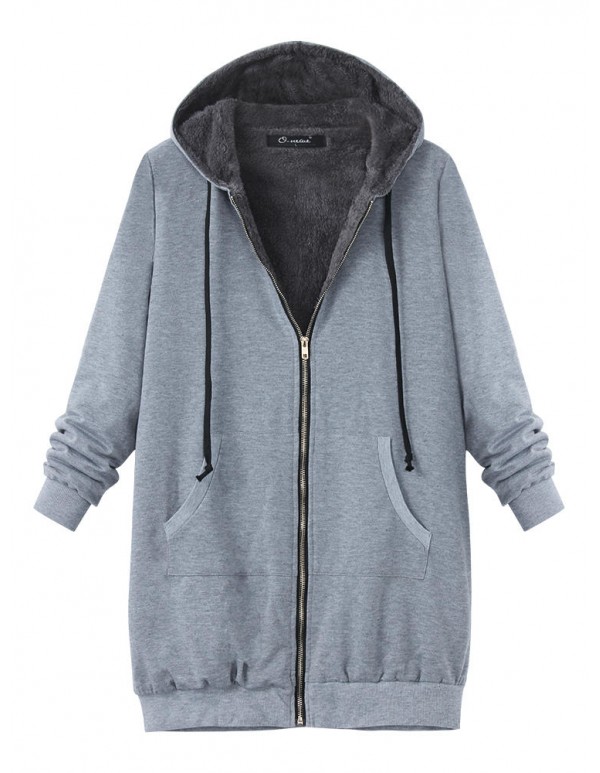 L-4XL Casual Women Zipper Fleece Thick Hooded Coats