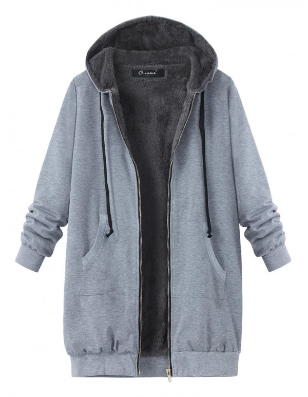 L-4XL Casual Women Zipper Fleece Thick Hooded Coats