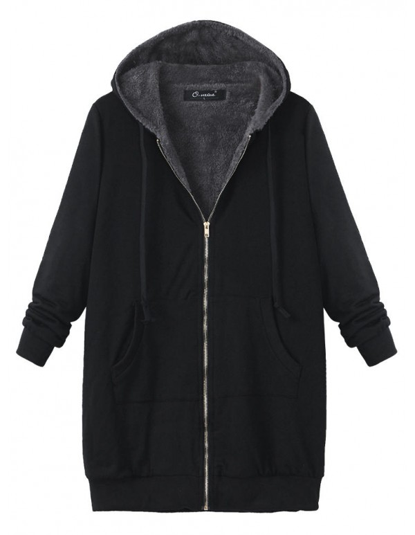 L-4XL Casual Women Zipper Fleece Thick Hooded Coats