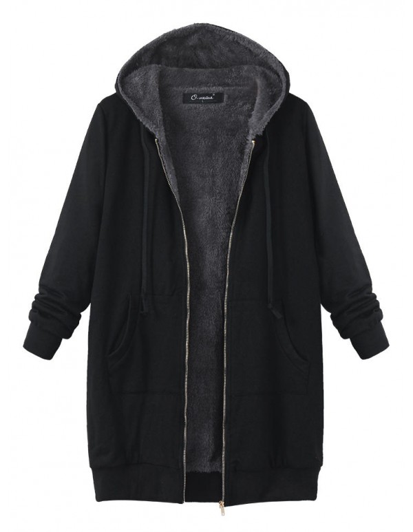 L-4XL Casual Women Zipper Fleece Thick Hooded Coats