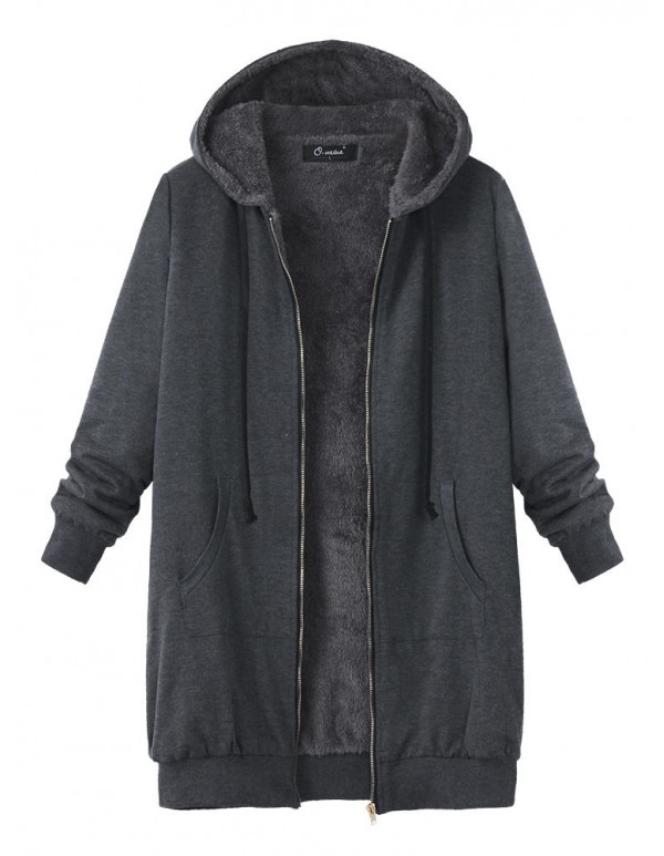 L-4XL Casual Women Zipper Fleece Thick Hooded Coats