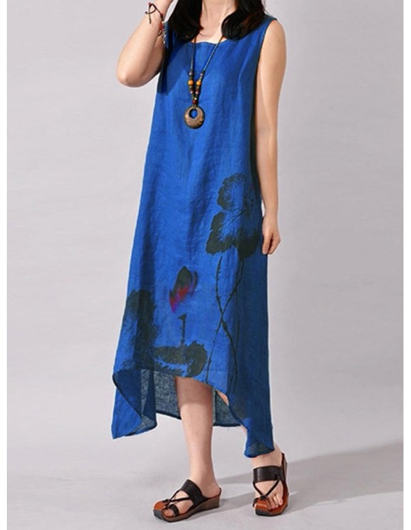Vintage Summer Women Folk Style Ink Painting Floral Sleeveless Dress
