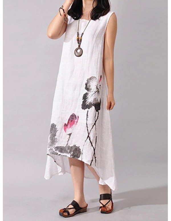 Vintage Summer Women Folk Style Ink Painting Floral Sleeveless Dress
