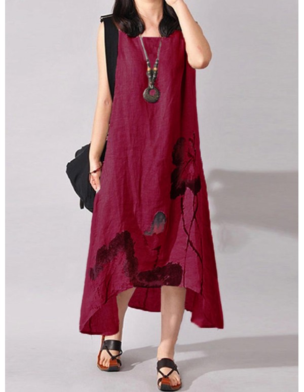 Vintage Summer Women Folk Style Ink Painting Floral Sleeveless Dress