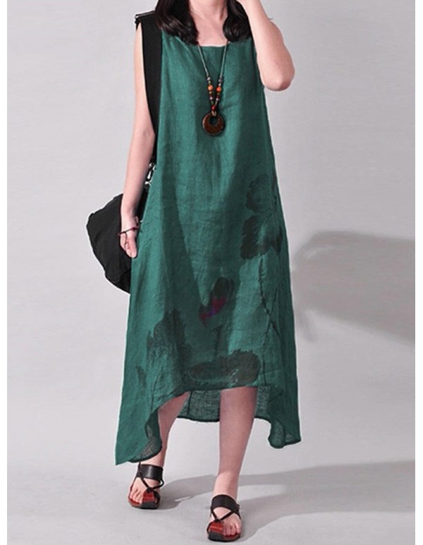 Vintage Summer Women Folk Style Ink Painting Floral Sleeveless Dress