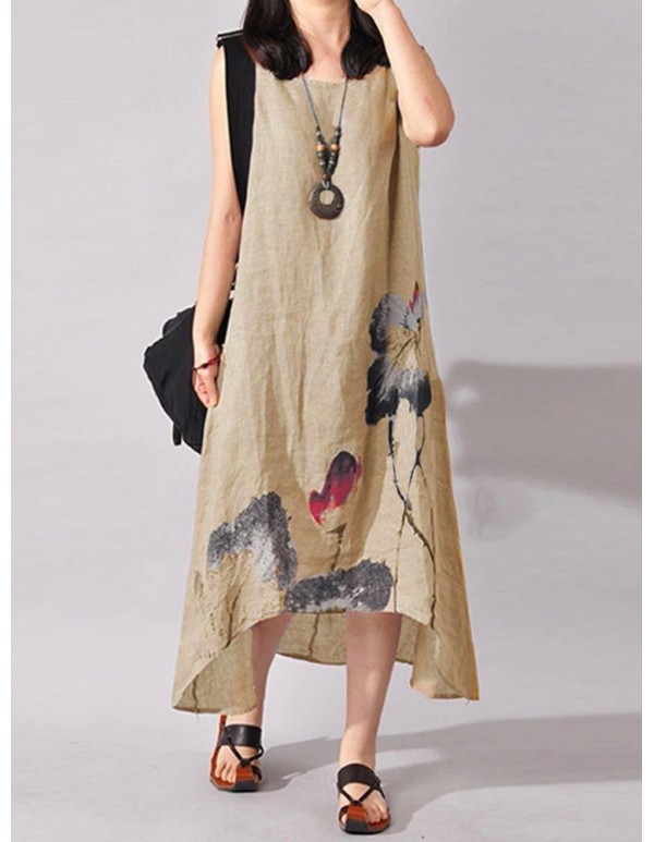Vintage Summer Women Folk Style Ink Painting Floral Sleeveless Dress
