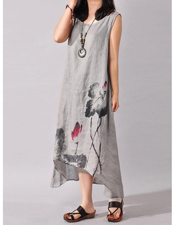 Vintage Summer Women Folk Style Ink Painting Floral Sleeveless Dress