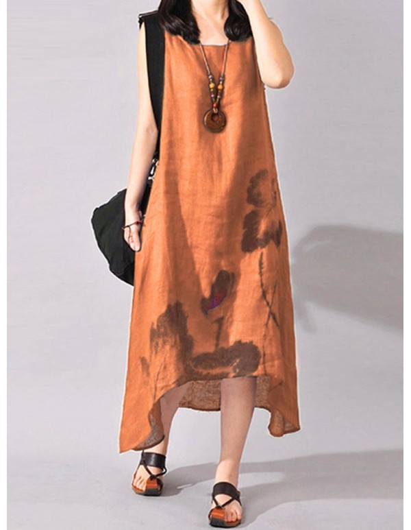 Vintage Summer Women Folk Style Ink Painting Floral Sleeveless Dress