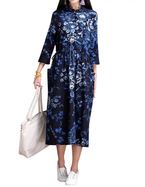 Vintage Women Ethnic style Chinese Frog Printed Long Sleeve Dress