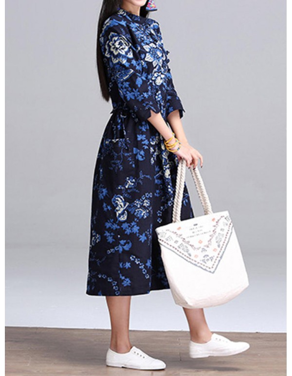 Vintage Women Ethnic style Chinese Frog Printed Long Sleeve Dress