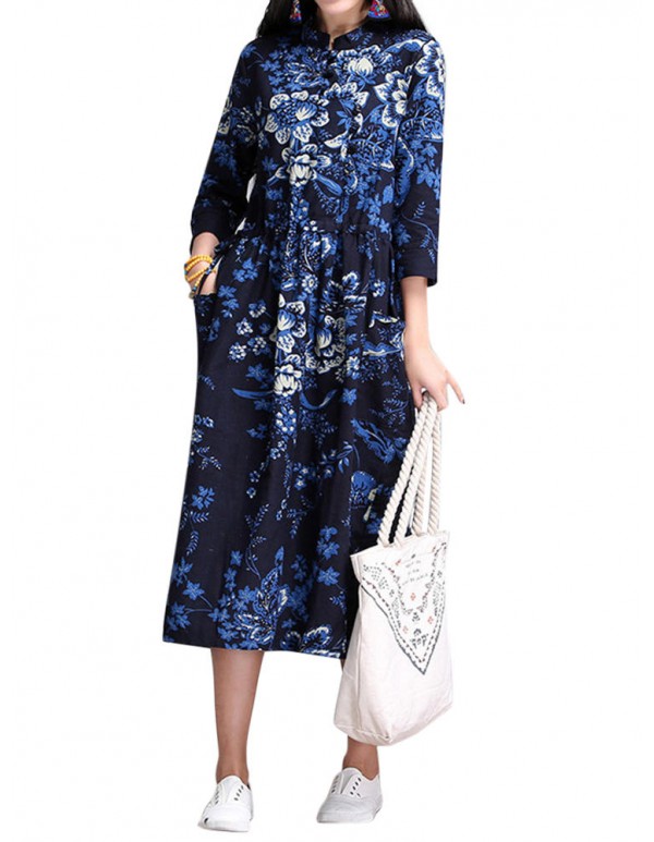 Vintage Women Ethnic style Chinese Frog Printed Long Sleeve Dress