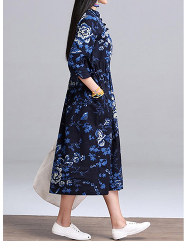 Vintage Women Ethnic style Chinese Frog Printed Long Sleeve Dress