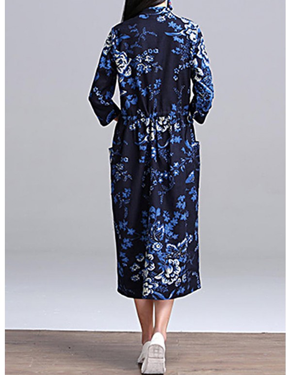 Vintage Women Ethnic style Chinese Frog Printed Long Sleeve Dress
