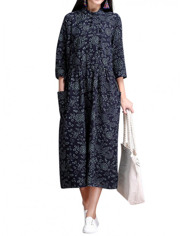 Vintage Women Ethnic style Chinese Frog Printed Long Sleeve Dress
