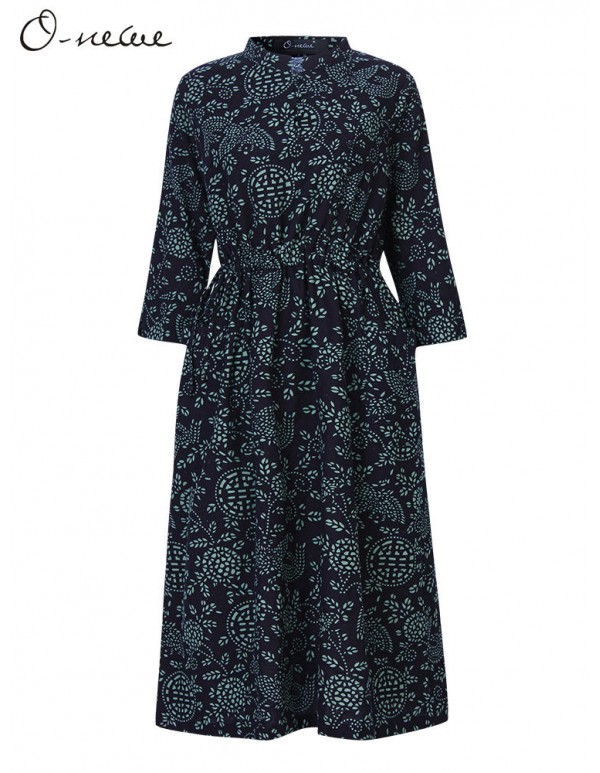 Vintage Women Ethnic style Chinese Frog Printed Long Sleeve Dress