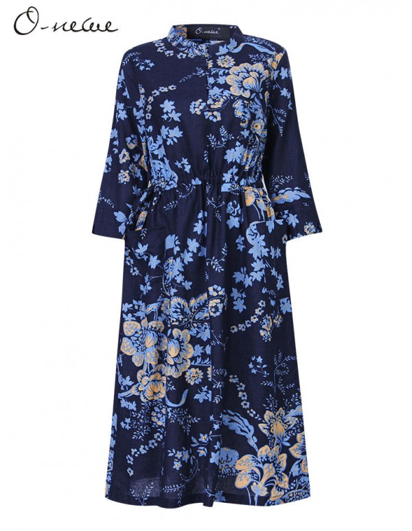Vintage Women Ethnic style Chinese Frog Printed Long Sleeve Dress