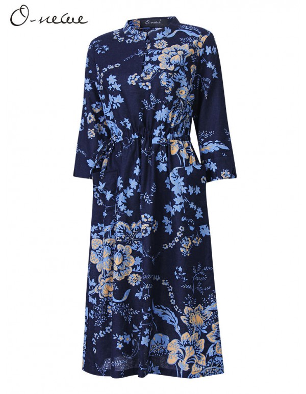 Vintage Women Ethnic style Chinese Frog Printed Long Sleeve Dress