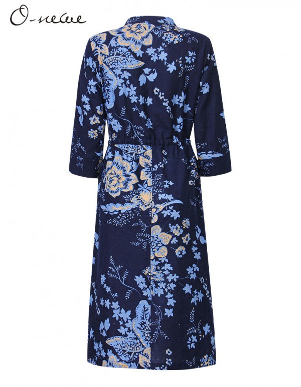 Vintage Women Ethnic style Chinese Frog Printed Long Sleeve Dress
