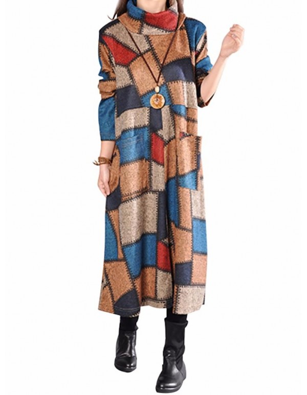 L-5XL Casual Women Loose Turtleneck  Color Block Dress