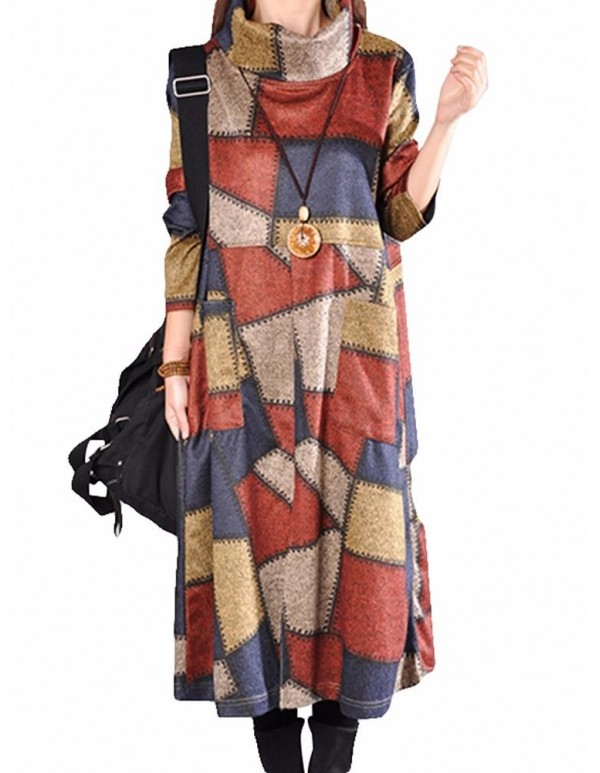 L-5XL Casual Women Loose Turtleneck  Color Block Dress