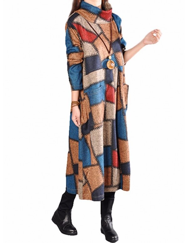 L-5XL Casual Women Loose Turtleneck  Color Block Dress