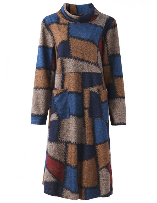 L-5XL Casual Women Loose Turtleneck  Color Block Dress