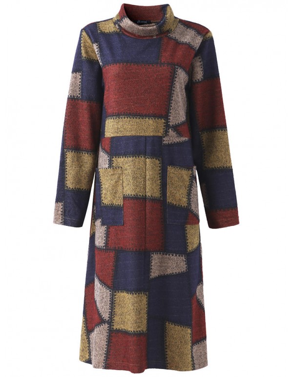 L-5XL Casual Women Loose Turtleneck  Color Block Dress