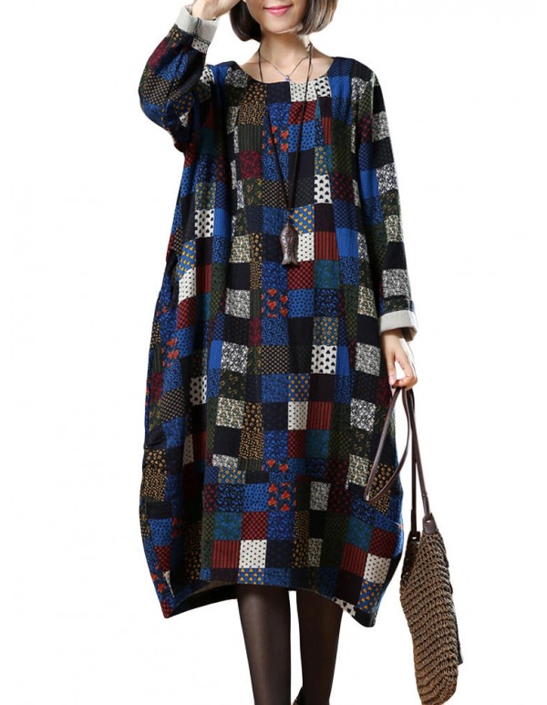 L-5XL Vintage Women Color Block Printed Dress