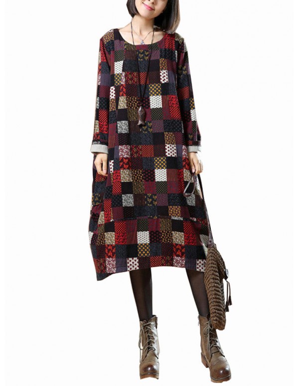 L-5XL Vintage Women Color Block Printed Dress