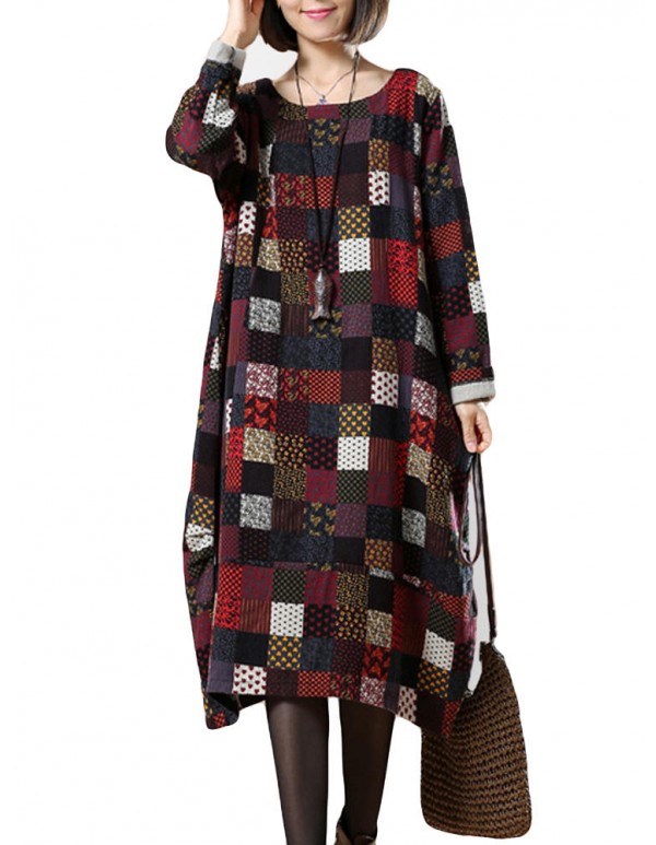 L-5XL Vintage Women Color Block Printed Dress